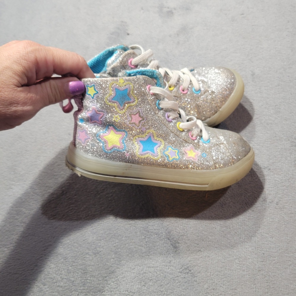 Wonder Nation High Top Sneakers Girls Size 8 Silver Glitter‎ Star Heart GTAW44CA